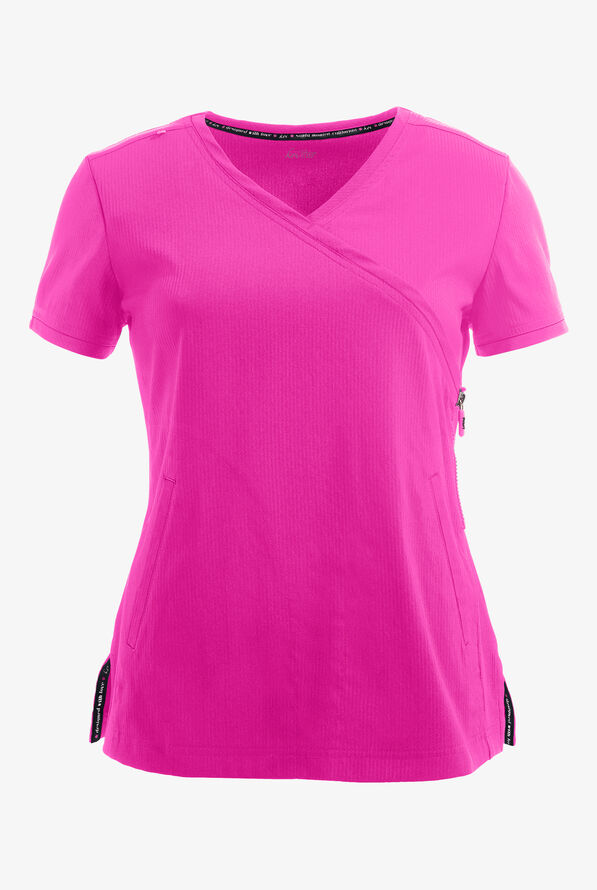 koi Lite™ Philosophy Women's 3-Pocket Mock Wrap Side Zipper Scrub Top - Hibiscus Pink - 1
