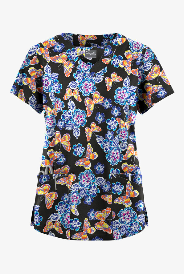 Butter-Soft Butterfly Day Black Printed Women's 6-Pocket Scallop Neck ...