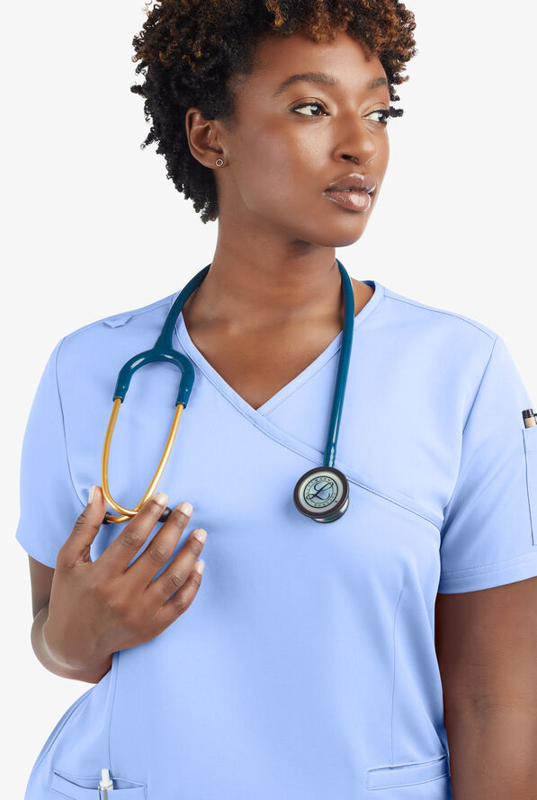 Butter-Soft Women's 5-Pockets Faux Wrap Scrub Top **Slightly IRREGULAR** - Ceil Blue - 6