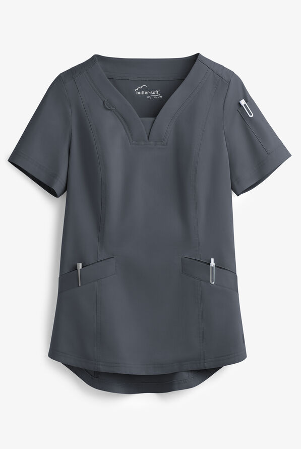 Butter-Soft STRETCH Women's 4-Pocket Feminine Curved V-Neck Scrub Top - Pewter - 1