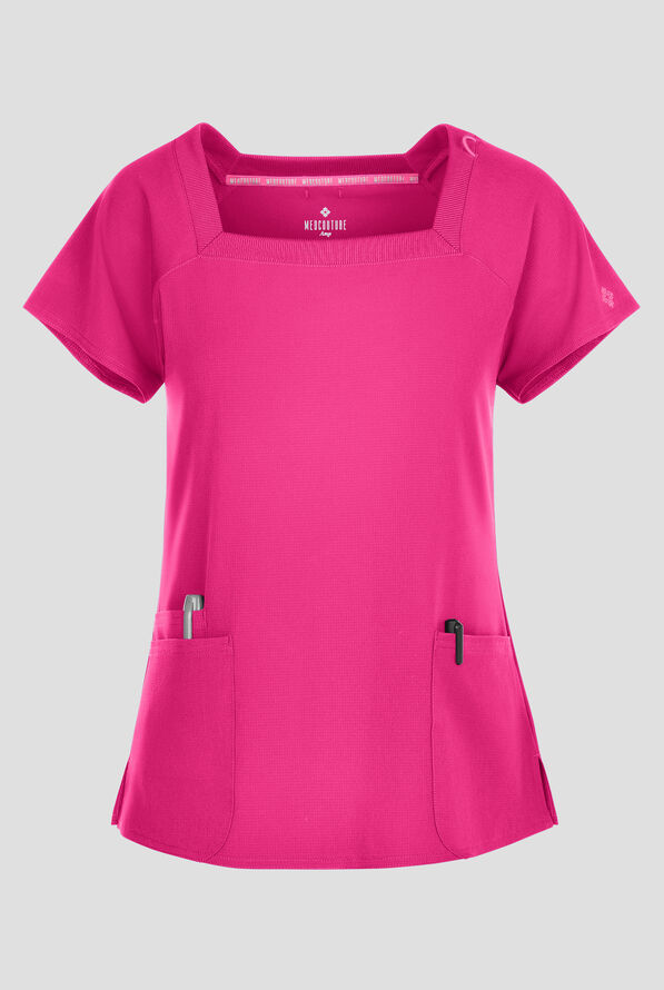 Blusa médica Med Couture Amp STRETCH con cuello cuadrado y 3 bolsillos para mujer - Pink Power - 1