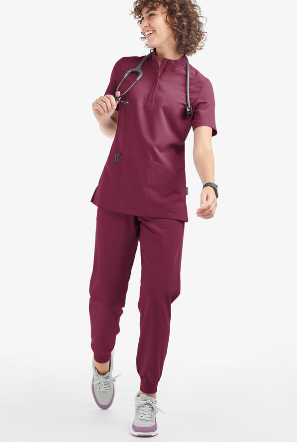 Movement by Butter-Soft Lyrae Women’s 6-Pocket Zip Closure Neck Scrub Top - Wine - 4