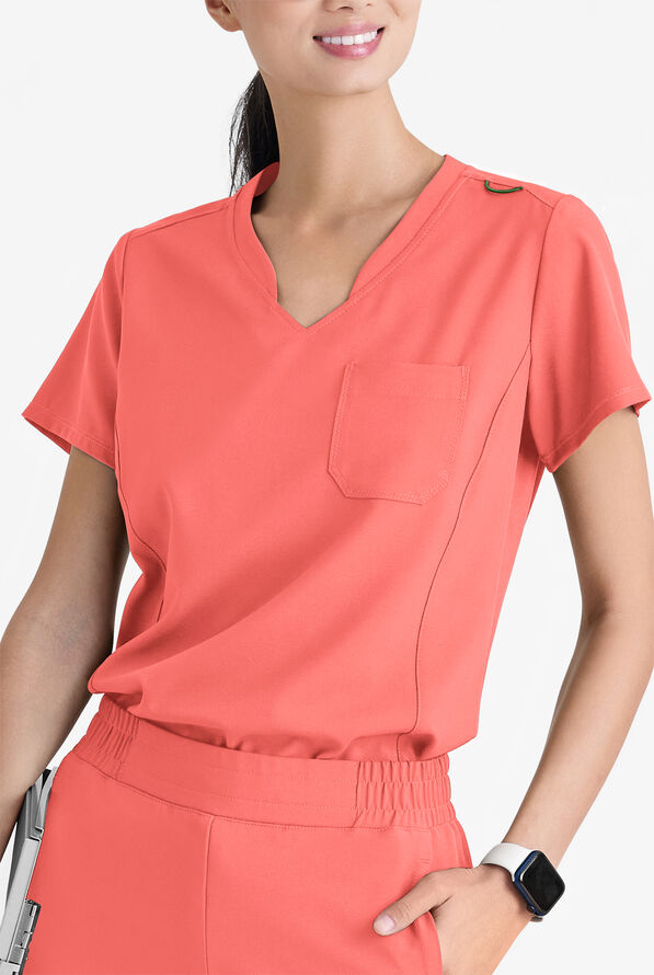 Grey's Anatomy by Barco Evolve STRETCH Sway Women's 1-Pocket Tuck In V-Neck Scrub Top - Sunset Coral - 2