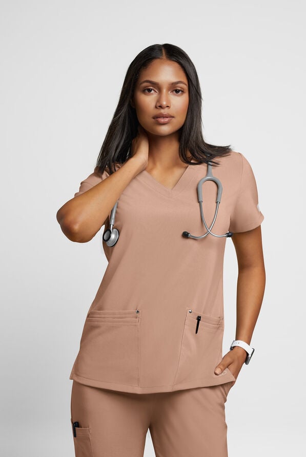 Blusa m&eacute;dica Easy STRETCH Lina con cuello en V ingleteado y 4 bolsillos para mujer - Warm Terrazzo - 2