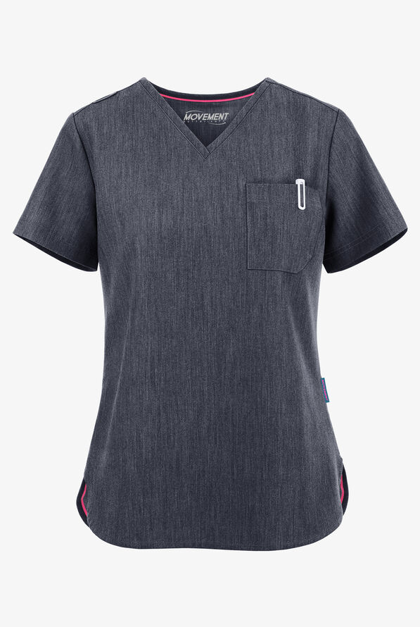 MOVEMENT by Butter-Soft Ceti Women's 1-Pocket V-Neck Tuck-In STRETCH Scrub Top - Indigo Heather - 1