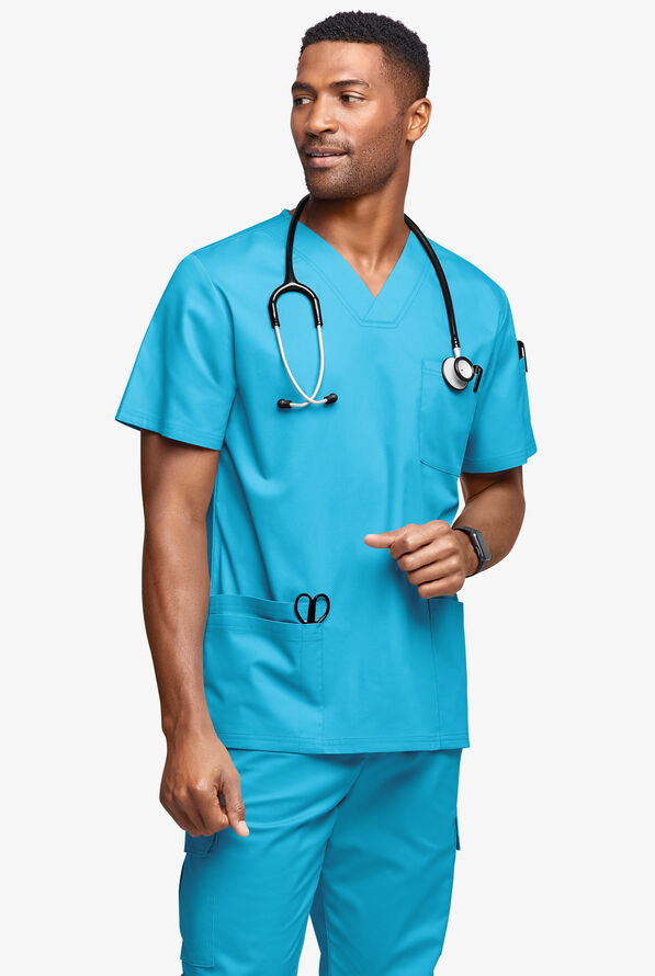 Butter-Soft STRETCH Men's 6-Pocket V-Neck Scrub Top - Turquoise - 2