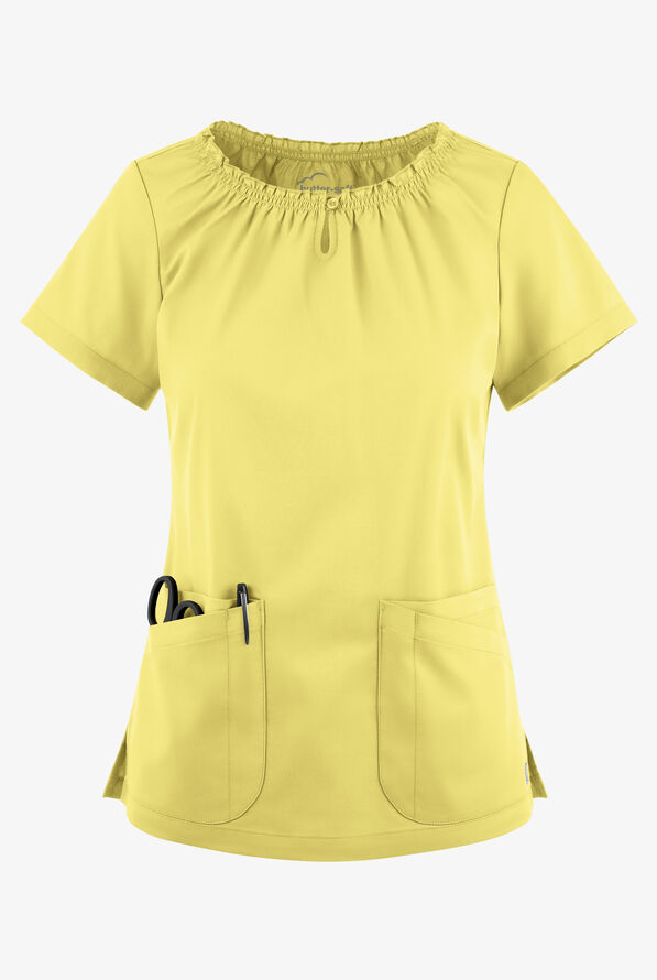 Butter-Soft STRETCH Women's 6-Pocket Short Sleeve Peasant Style Scrub Top - Lemon Sherbet - 1