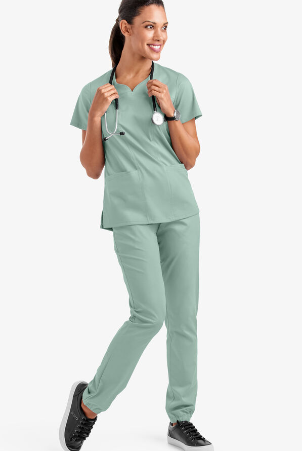 Butter-Soft STRETCH Women's 4-Pocket Sweetheart Neck Scrub Top - Eucalyptus Leaf - 2