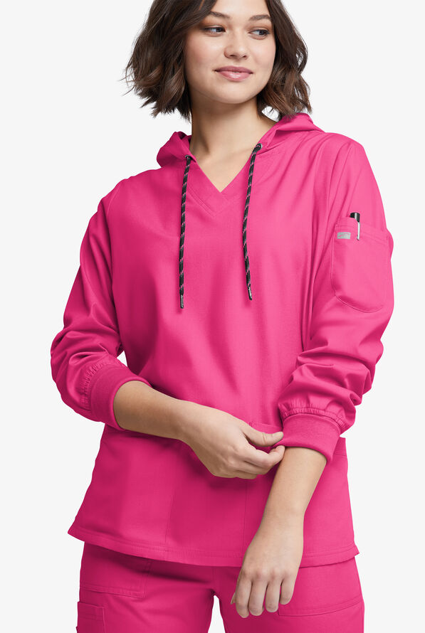 Strictly Scrubs Women's 5-Pocket Long Sleeve Pullover Hoodie - Fuchsia - 2