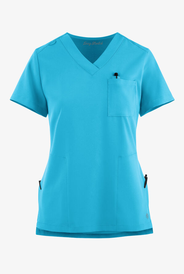 Easy STRETCH Taylor Women's 3-Pocket High Low Hem V-Neck Scrub Top - Turquoise - 6