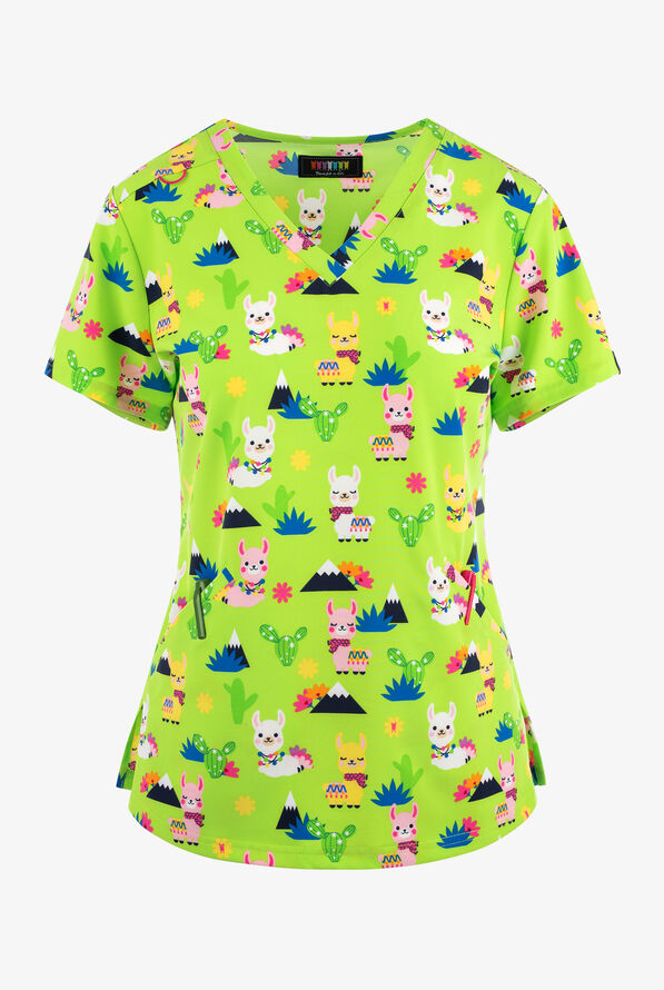 French Bull by koi Spring Llama Women's 2-Pocket STRETCH V-Neck Print Scrub Top - null - 1