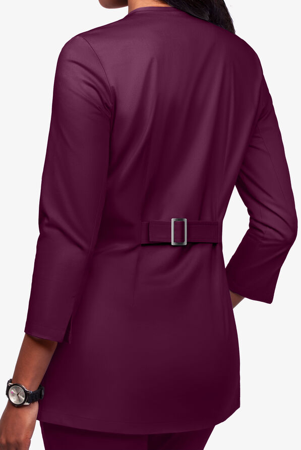 Butter-Soft STRETCH Women's 4-Pocket Jewel Neck Consultation Scrub Lab Coat - Wine - 2