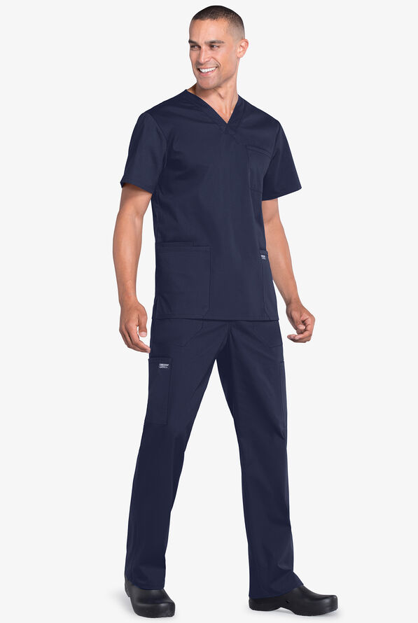 Cherokee Workwear Professionals Men's 4-Pocket STRETCH V-Neck Scrub Top - Navy - 2