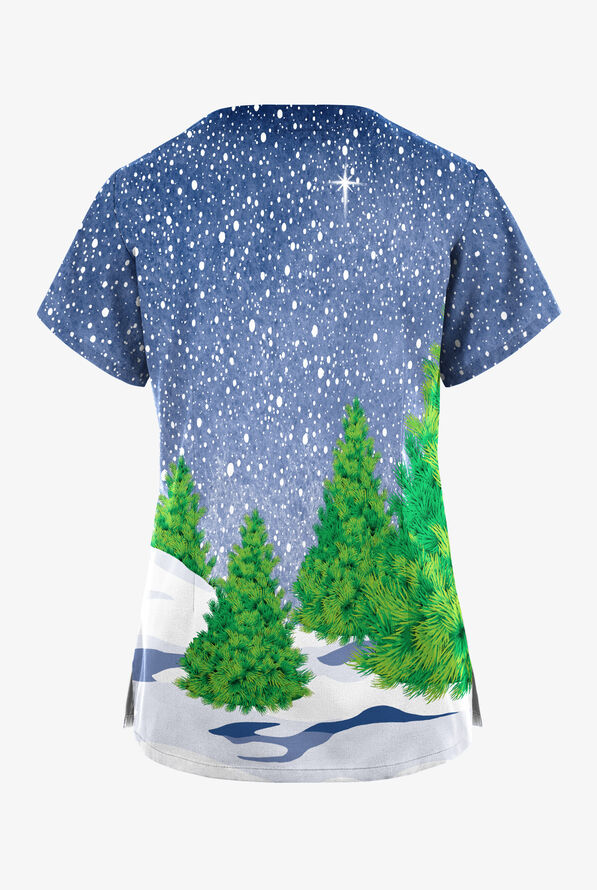 Butter-Soft Originals Festive Snowman Navy Women's 2-Pocket Scallop Neck Print Scrub Top - null - 2