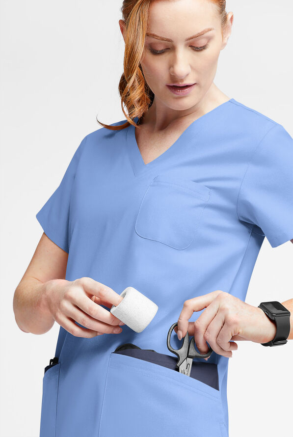 Butter-Soft Originals Women's 7-Pocket Rounded V-Neck Scrub Top - Ceil/Navy - 4