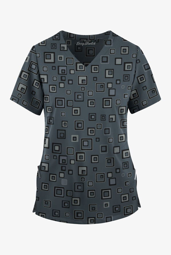 Easy STRETCH Women's Floating Tiles Pewter V-Neck Print Scrub Top - null - 1