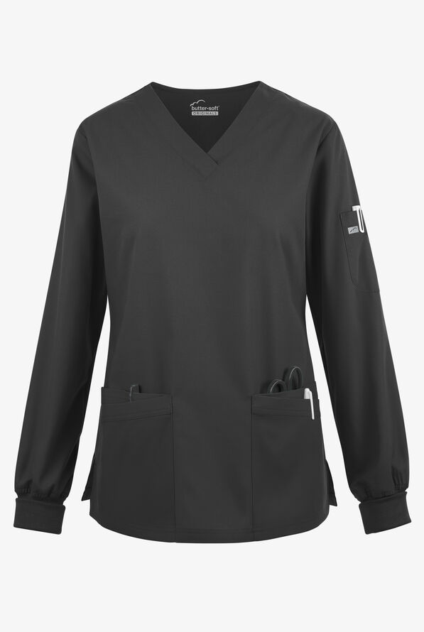 Butter-Soft Originals Women's 7-Pocket Curved V-Neck Long Sleeve Scrub Top - Black - 1