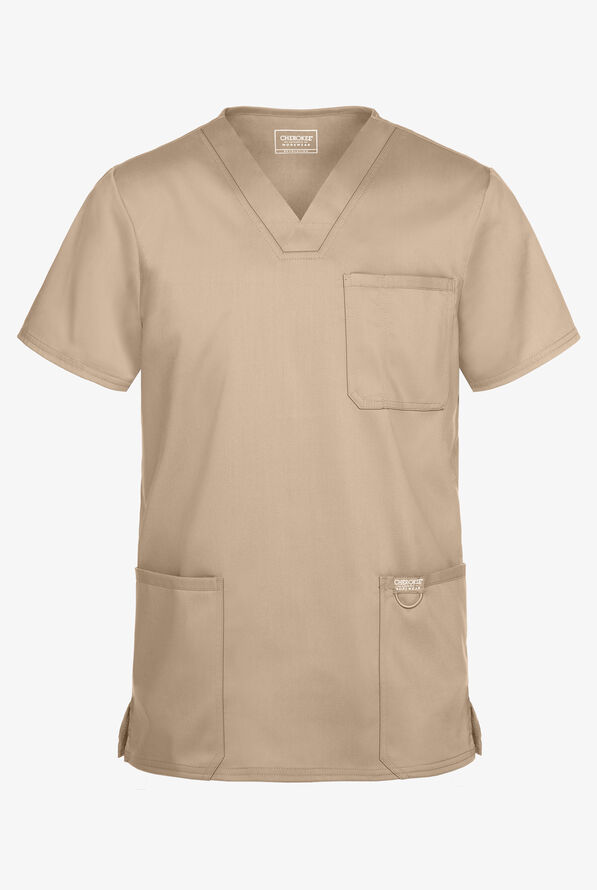 Cherokee Workwear Revolution Men's 3-Pocket STRETCH V-Neck Scrub Top - Khaki - 1