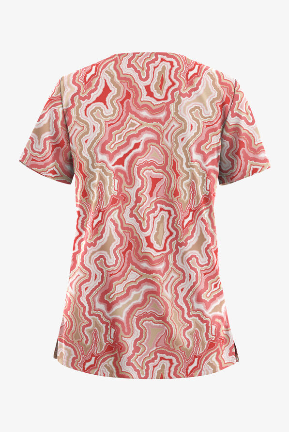 Easy STRETCH Crystal Agate Spiced Coral Women's 2-Pocket V-Neck Print Scrub Top - null - 2