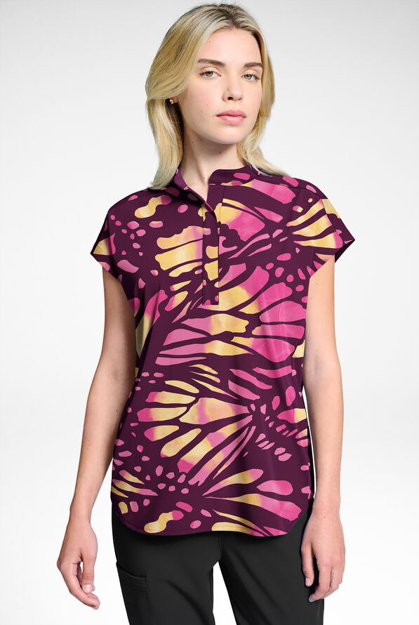 Butter-Soft STRETCH Bold Butterfly Eggplant Women's Dolman Print Scrub Top - null - 1