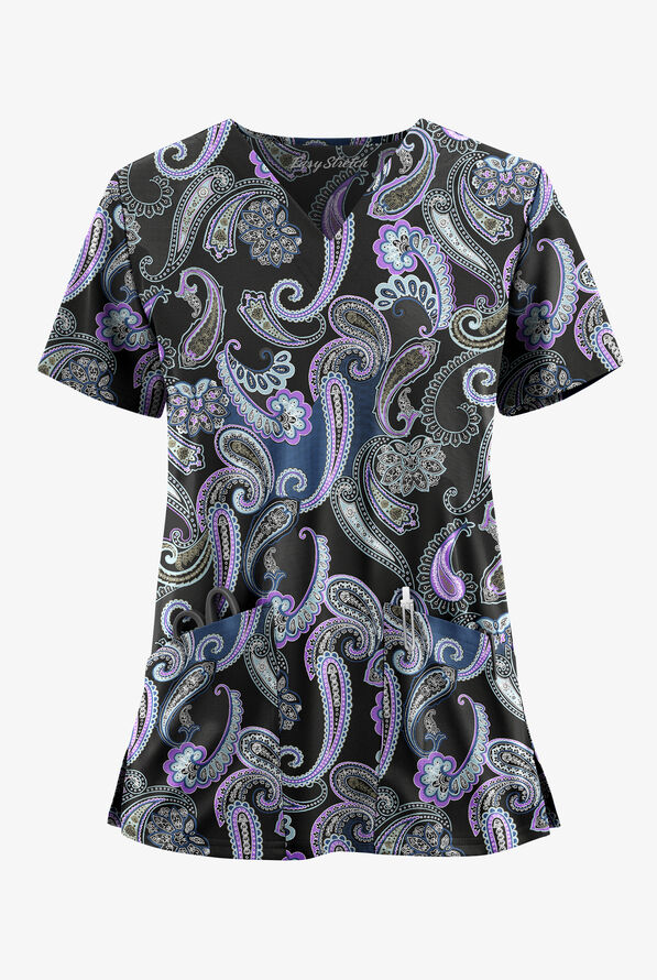 Easy STRETCH Kashmir Paisley Ultraviolet Light Women's 2-Pocket V-Neck Print Scrub Top - null - 1
