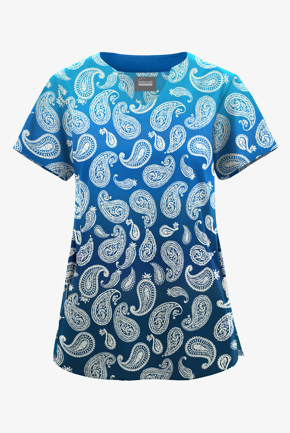 Butter-Soft Originals Paisley Gradient Turquoise Women's 2-Pocket Scallop Neck Print Scrub Top - null - 1