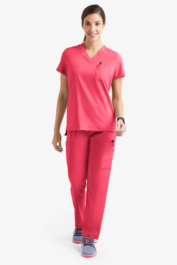 Easy STRETCH Taylor Women's 3-Pocket High Low Hem V-Neck Scrub Top - Bright Watermelon - 2