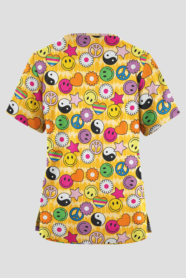 Butter-Soft Originals Peace Love Happiness Fuchsia Women's 2-Pocket V-Neck Print Scrub Top - null - 2