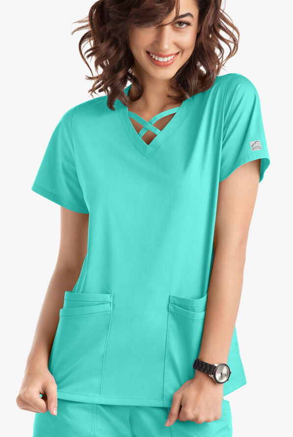 Butter-Soft STRETCH Women's 4-Pocket Crisscross Scrub Top - Aqua Dust - 2