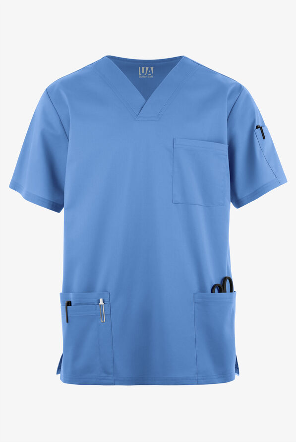 Butter-Soft STRETCH Men's 6-Pocket V-Neck Scrub Top - Ceil Blue - 1