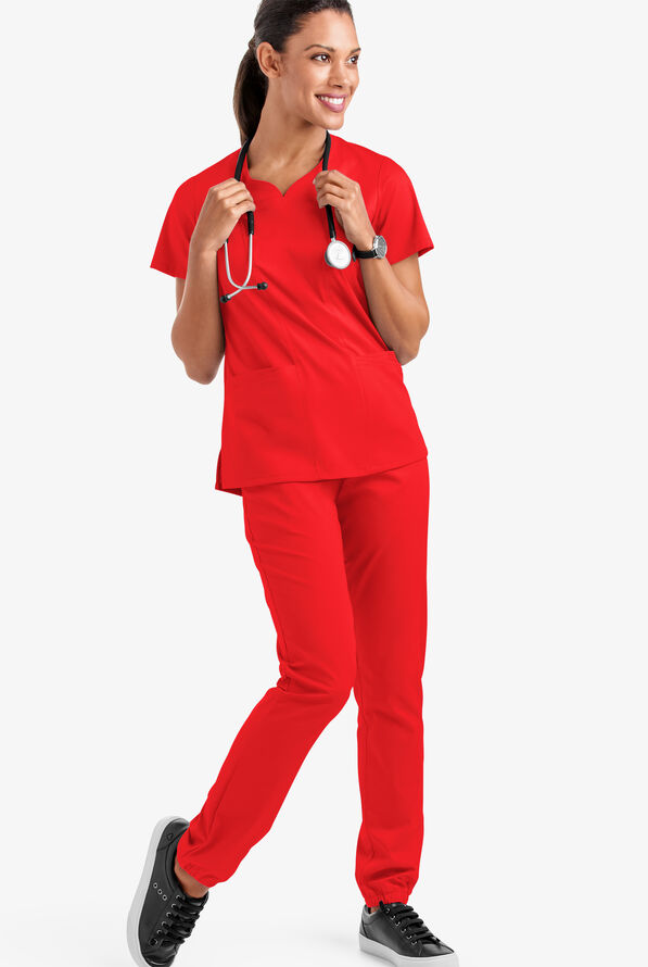 Butter-Soft STRETCH Women's 4-Pocket Sweetheart Neck Scrub Top - Venetian Red - 2