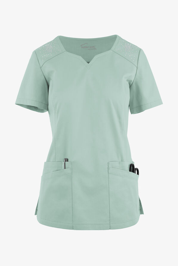 Butter-Soft STRETCH Women's 6-Pocket Crystal Bling Scrub Top - Eucalyptus Leaf - 1