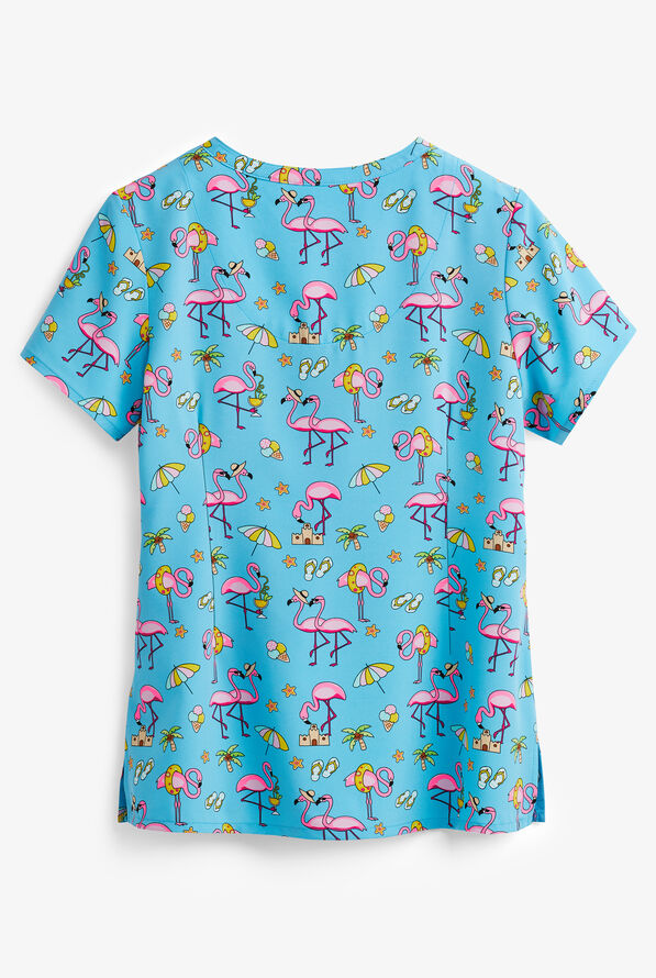 Maevn Flamingo Beach Beauties Women's 3-Pocket V-Neck Print Scrub Top - null - 2