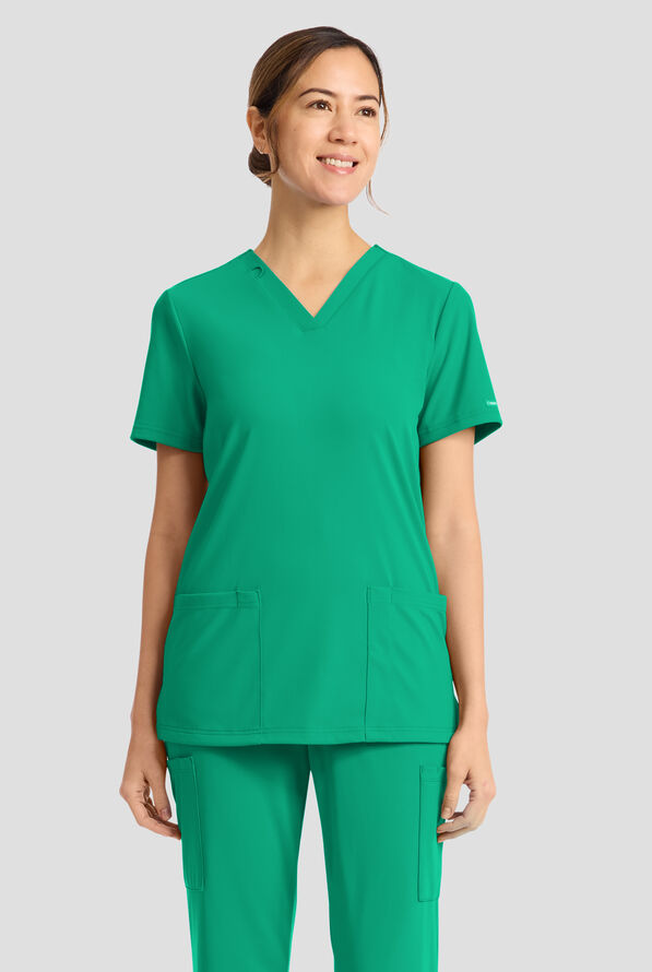 Cherokee Achieve Women's 2-Pocket STRETCH Knit V-Neck Scrub Top - Green Apple - 2