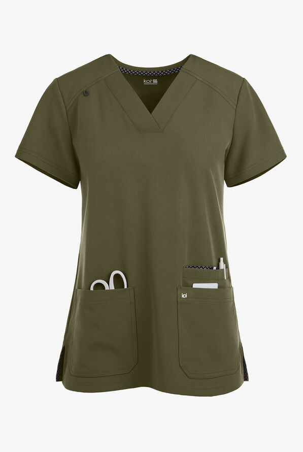 koi Next Gen Hustle and Heart Women's 3-Pocket STRETCH V-Neck Scrub Top - Olive - 1