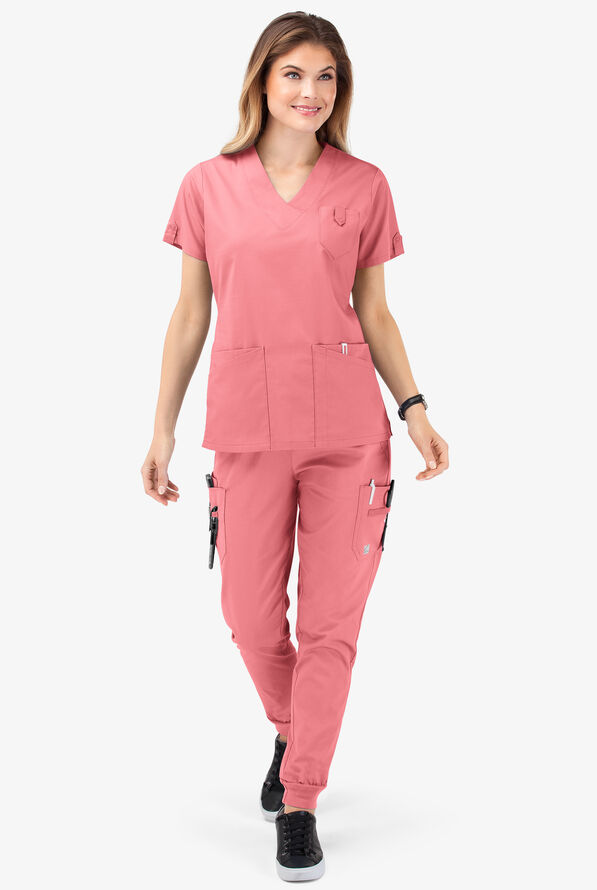 Butter-Soft STRETCH Women's 6-Pocket V-Neck Scrub Top - Guava Fizz - 2