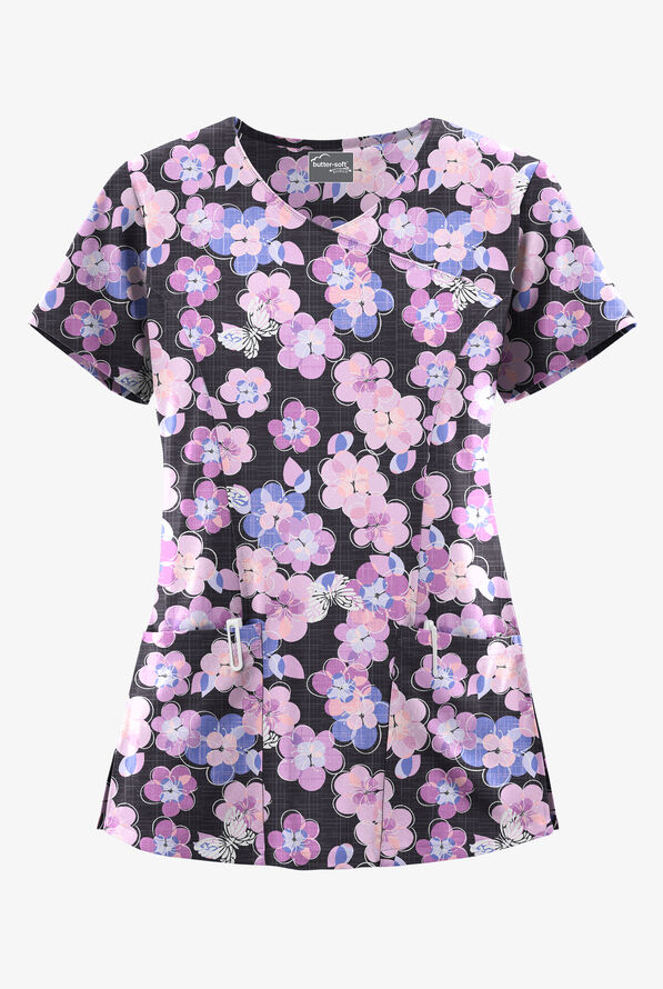 Butter-Soft STRETCH Blooms And Butterflies Pewter Women's 3-Pocket V-Neck Mock Wrap Print Scrub Top - null - 1