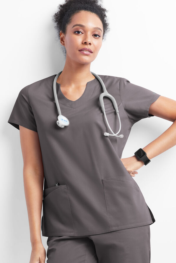 Butter-Soft Originals Women's 6-Pocket Scallop Neck Scrub Top - Grey Stone - 5