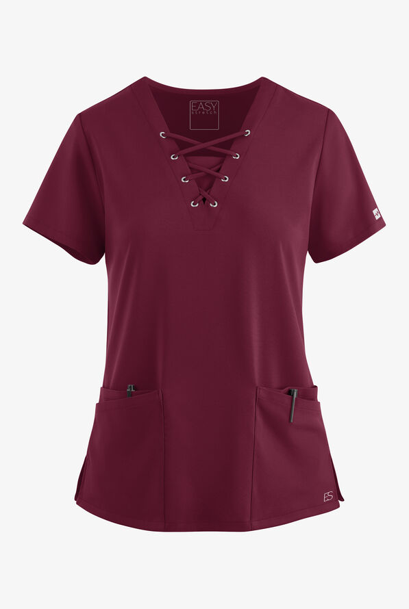 Blusa médica Easy STRETCH Gisele con cordones en el cuello en V y 5 bolsillos para mujer - Wine - 1