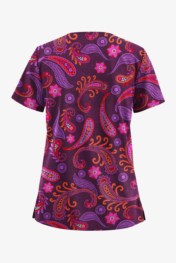 Butter-Soft STRETCH Vibrant Paisley Eggplant Women's 2-Pocket V-Neck Print Scrub Top - null - 2