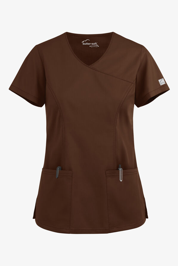 Butter-Soft STRETCH Women's 3-Pocket V-Neck Mock Wrap Scrub Top - Coffee Bean - 1