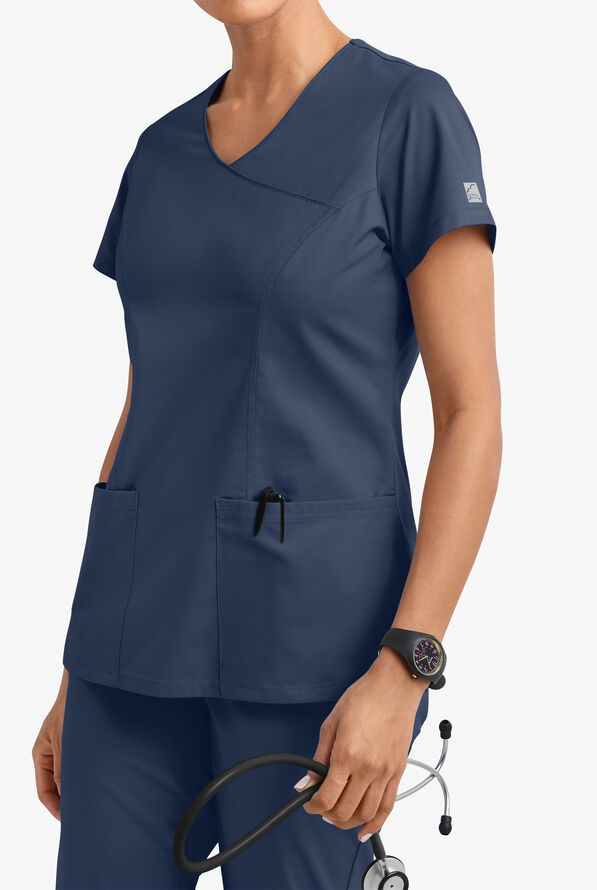 Butter-Soft STRETCH Women's 3-Pocket V-Neck Mock Wrap Scrub Top - Navy - 2