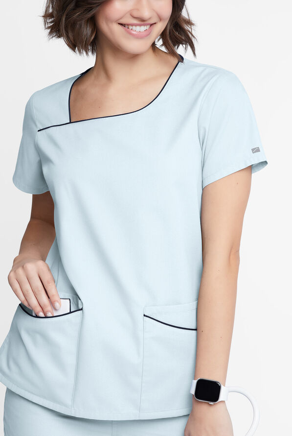 Butter-Soft Originals Women's 4-Pocket Asymmetrical Neck Scrub Top - Morning Dew/Navy - 4