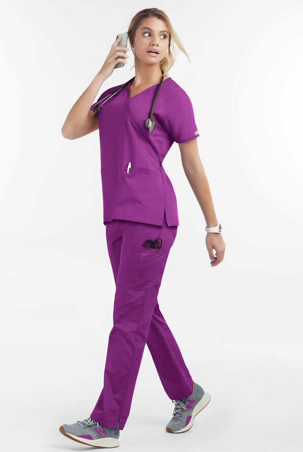 Butter-Soft Core Women's 2-Pocket Solid Mock Wrap Scrub Top - Berry Burst - 2