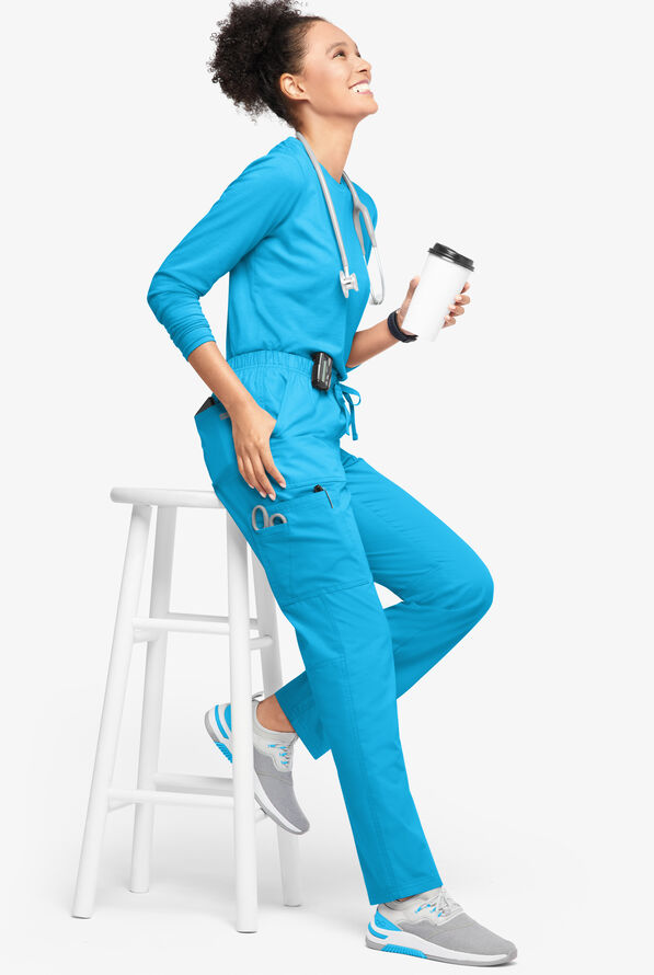 Butter-Soft Originals Women's 7-Pocket Mid Rise Straight Leg Cargo Scrub Pants - Petite - Turquoise - 4