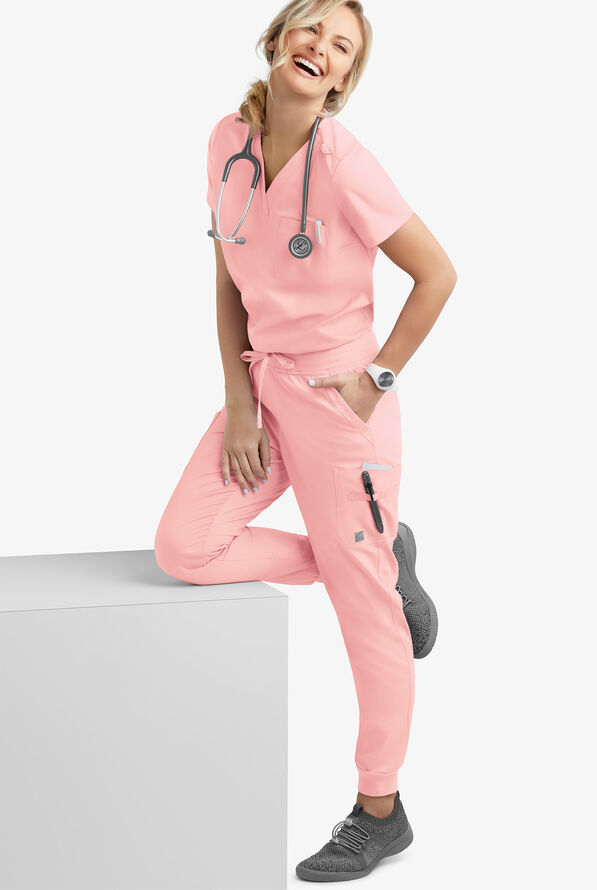 Butter-Soft STRETCH Women's 2-Pocket V-Neck Tuck-In Scrub Top - Rose Water - 2