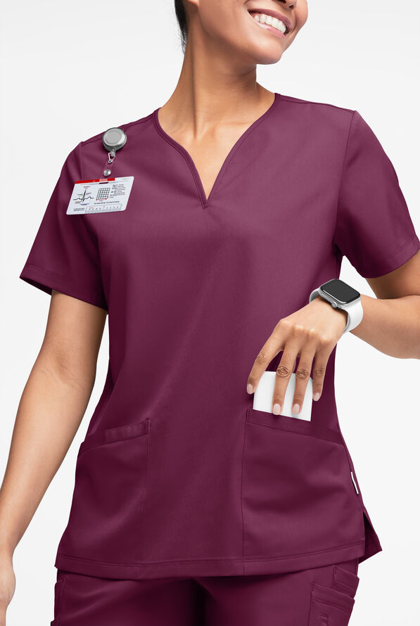 WhisperLite Dahlia Women's 4-Pocket Stretch Notched Neck Scrub Top - Wine - 1
