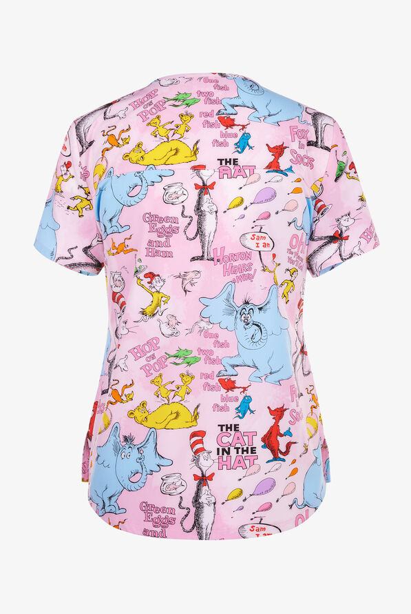 Tooniforms Dr. Seuss Celebration Day Women's 2-Pocket STRETCH V-Neck Print Scrub Top - null - 2