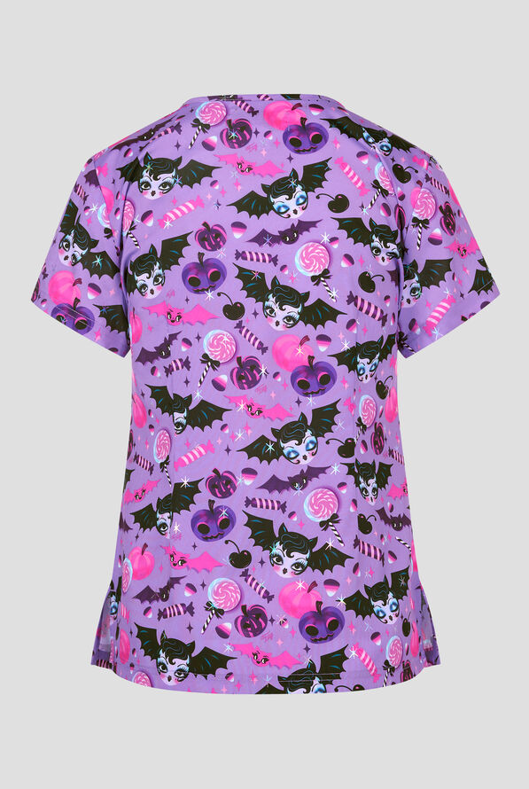 koi Next Gen Vampire Bat Dolly Women's 2-Pocket STRETCH V-Neck Print Scrub Top - null - 2