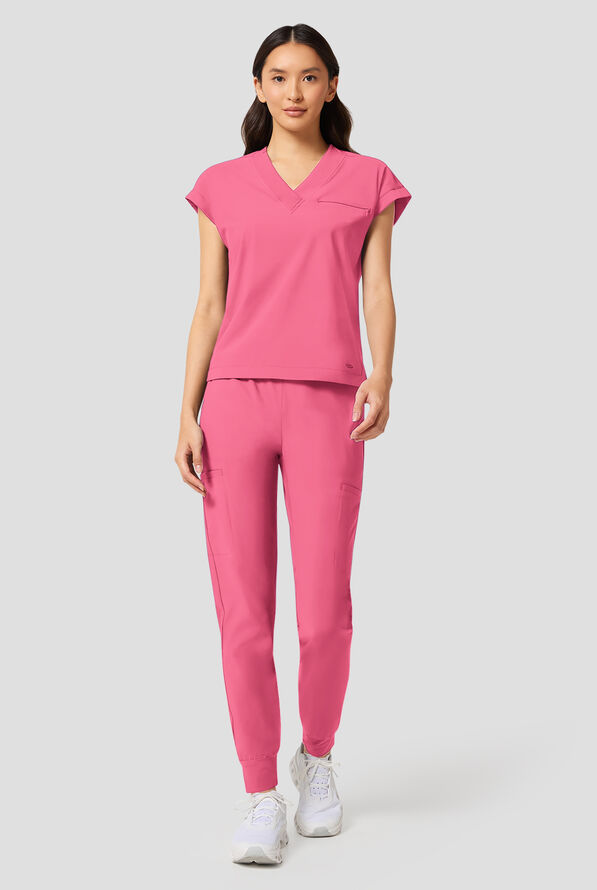 Blusa m&eacute;dica Infinity Pursuit STRETCH con cuello en V de punto acanalado y 1 bolsillo para mujer - Tropical Pink - 5